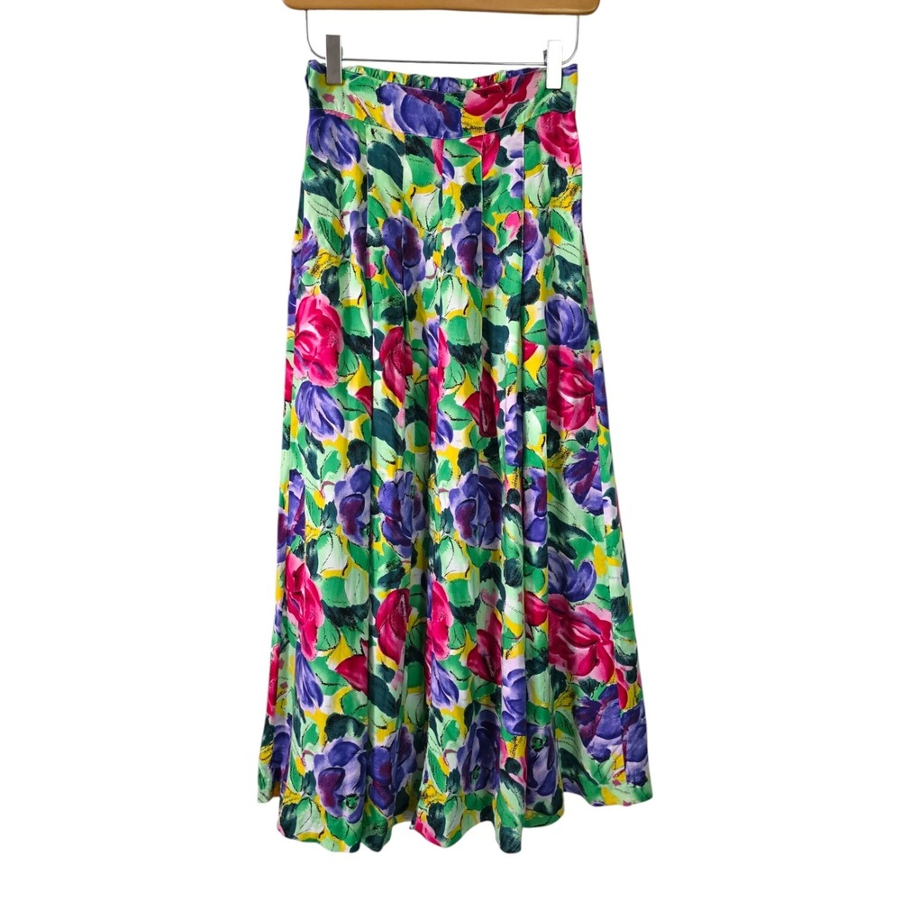 Vintage Young Scene Green Floral Pleated Rayon Midi Skirt Small